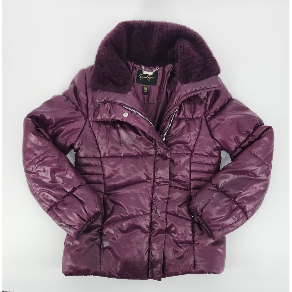 Jessica Simpson Girls Plum Purple Faux Fur Puffer Jacket Hooded Size M 10-12